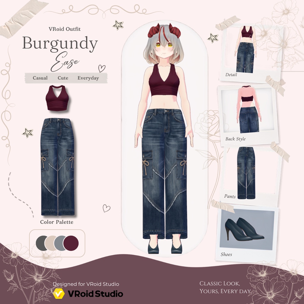 【VRoid正式版】Burgundy Ease|Daily Set VRoid Studio Outfit | Customitem| Edgy Outfit| Chic Set Outfit|Vtuber Outfit | Virtual Fashion| Virtual Youtuber| Monocrome Outfit