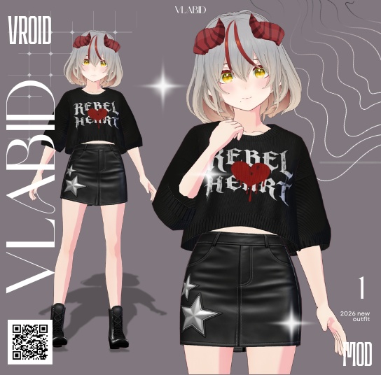 【VRoid正式版】Rebel Heart Outfit|Daily Set VRoid Studio Outfit | Customitem| Edgy Outfit| Chic Set Outfit|Vtuber Outfit | Virtual Fashion| Virtual Youtuber| Monocrome Outfit