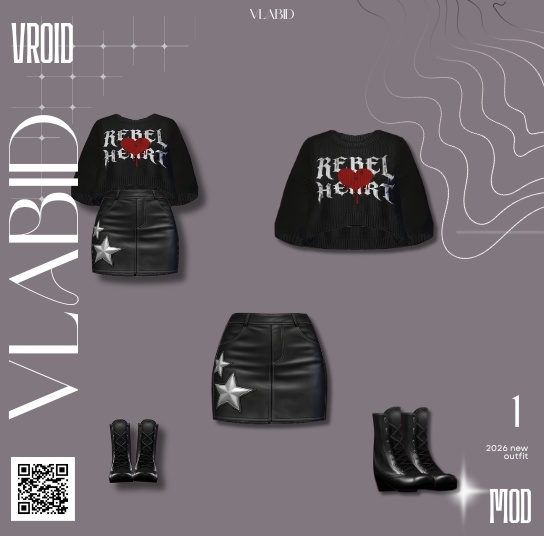 【VRoid正式版】Rebel Heart Outfit|Daily Set VRoid Studio Outfit | Customitem| Edgy Outfit| Chic Set Outfit|Vtuber Outfit | Virtual Fashion| Virtual Youtuber| Monocrome Outfit