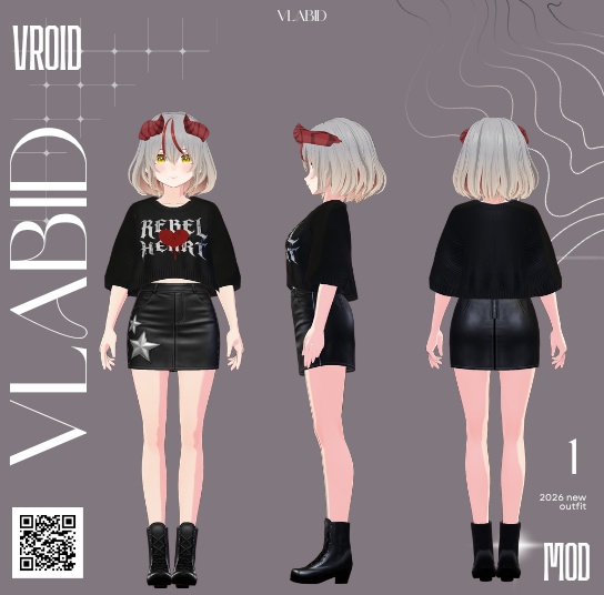 【VRoid正式版】Rebel Heart Outfit|Daily Set VRoid Studio Outfit | Customitem| Edgy Outfit| Chic Set Outfit|Vtuber Outfit | Virtual Fashion| Virtual Youtuber| Monocrome Outfit