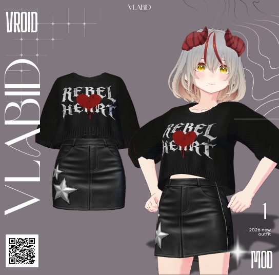 【VRoid正式版】Rebel Heart Outfit|Daily Set VRoid Studio Outfit | Customitem| Edgy Outfit| Chic Set Outfit|Vtuber Outfit | Virtual Fashion| Virtual Youtuber| Monocrome Outfit