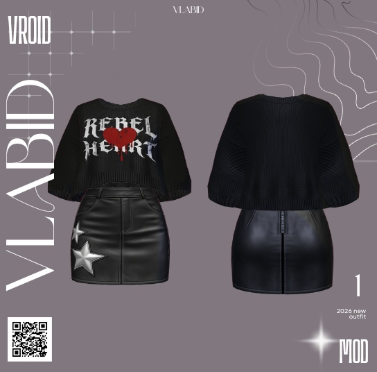 【VRoid正式版】Rebel Heart Outfit|Daily Set VRoid Studio Outfit | Customitem| Edgy Outfit| Chic Set Outfit|Vtuber Outfit | Virtual Fashion| Virtual Youtuber| Monocrome Outfit