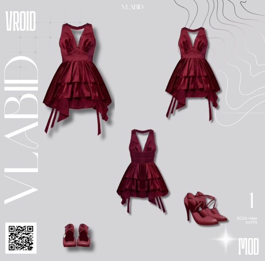 【VRoid正式版】Burgundy Satin Dress|Daily Set VRoid Studio Outfit | Customitem| Edgy Outfit| Chic Set Outfit|Vtuber Outfit | Virtual Fashion| Virtual Youtuber| Monocrome Outfit