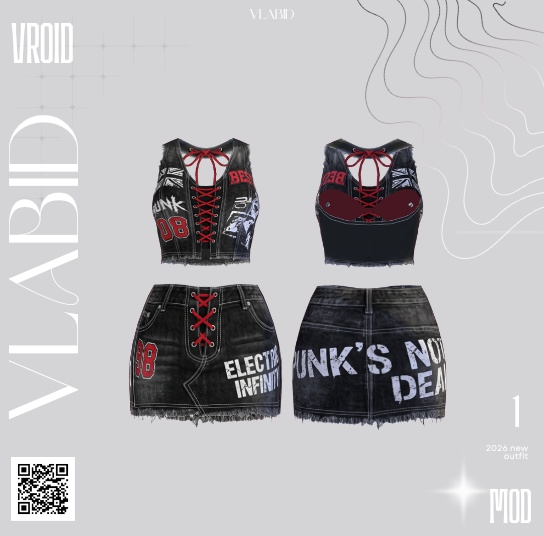 【VRoid正式版】Crimson Punk Set |Daily Set VRoid Studio Outfit | Customitem| Punk Outfit| Rebel Outfit| Edgy Outfit| Chic Set Outfit|Vtuber Outfit | Virtual Fashion| Monocrome Outfit