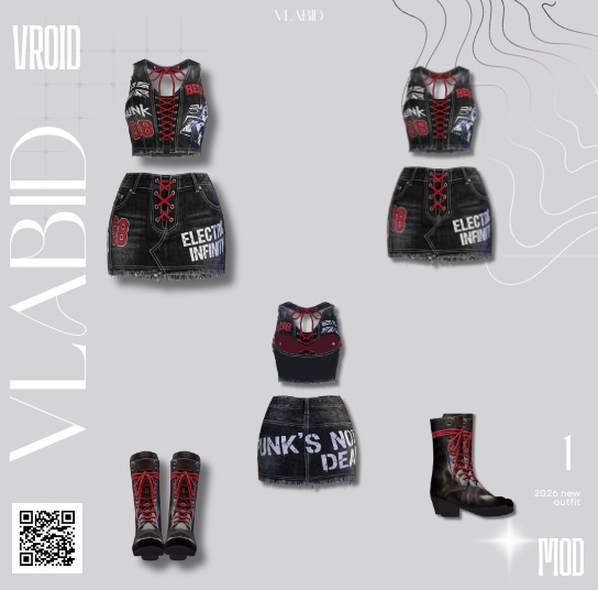 【VRoid正式版】Crimson Punk Set |Daily Set VRoid Studio Outfit | Customitem| Punk Outfit| Rebel Outfit| Edgy Outfit| Chic Set Outfit|Vtuber Outfit | Virtual Fashion| Monocrome Outfit