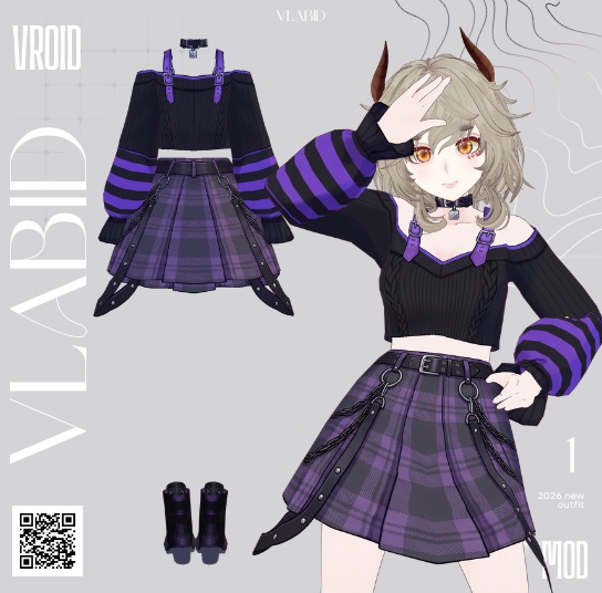 Cyber Outfit|VRoid Clothes|VRoid Dress Outfit|VRoid Texture|Plaid Outfit|Purple Outfit|Gothic Fashion|Punk Outfit|Streetwear|Vtuber Fashion|VRoid Customitem|Kawaii Outfit|Alternative Fashion