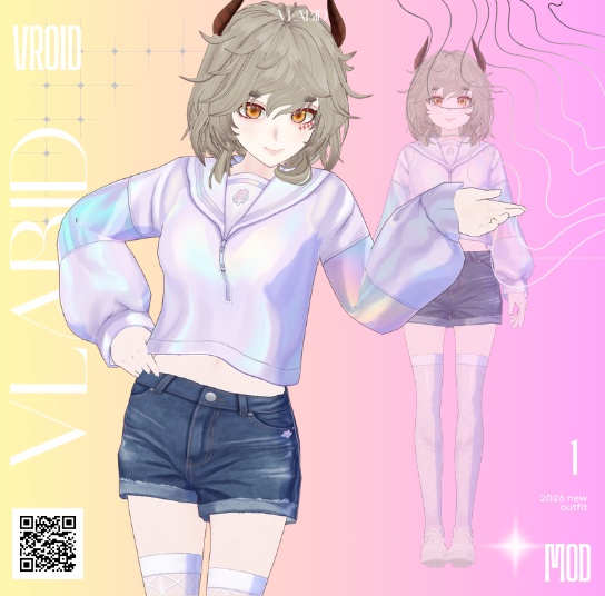 【VRoid】パステルホログラムクロップパーカー衣装セット Kawaii Outfit VRoid Cute VRoid ClothesVRoid Clothes VRoid Costume VRoid Studio Customitem VRM VRoid Texture VTuber Asset Daily Outfit Firtual Fashion Dress VRoid