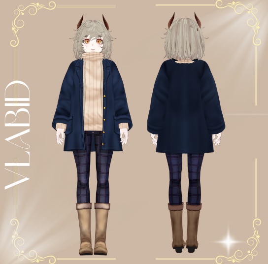 Midnight Plaid Winter Coat,VRM File, Customitem, Outfit Winter, Virtual Market Winter 2026,VRoid Studio,Customitem,VRoid Clothes,Anime Style,VRoid Texture, VRM