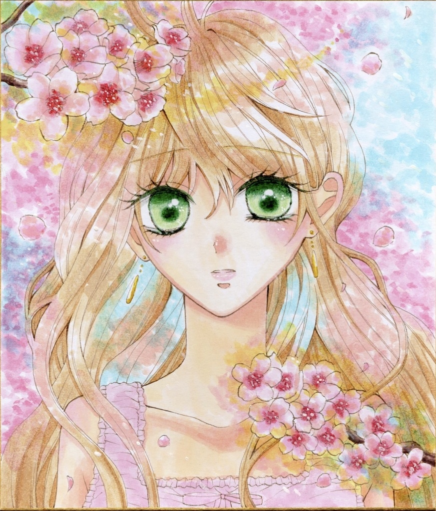 原画 桜と少女 春のときめき 透明感 手描きイラスト