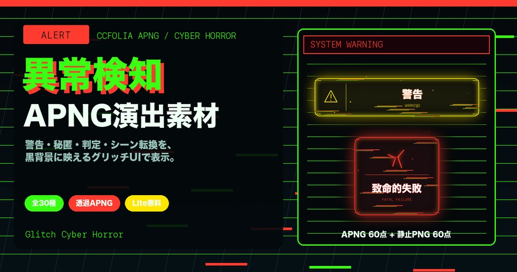 【ココフォリア/APNG】サイバーホラー警告・異常演出素材30種|TRPG汎用・透過