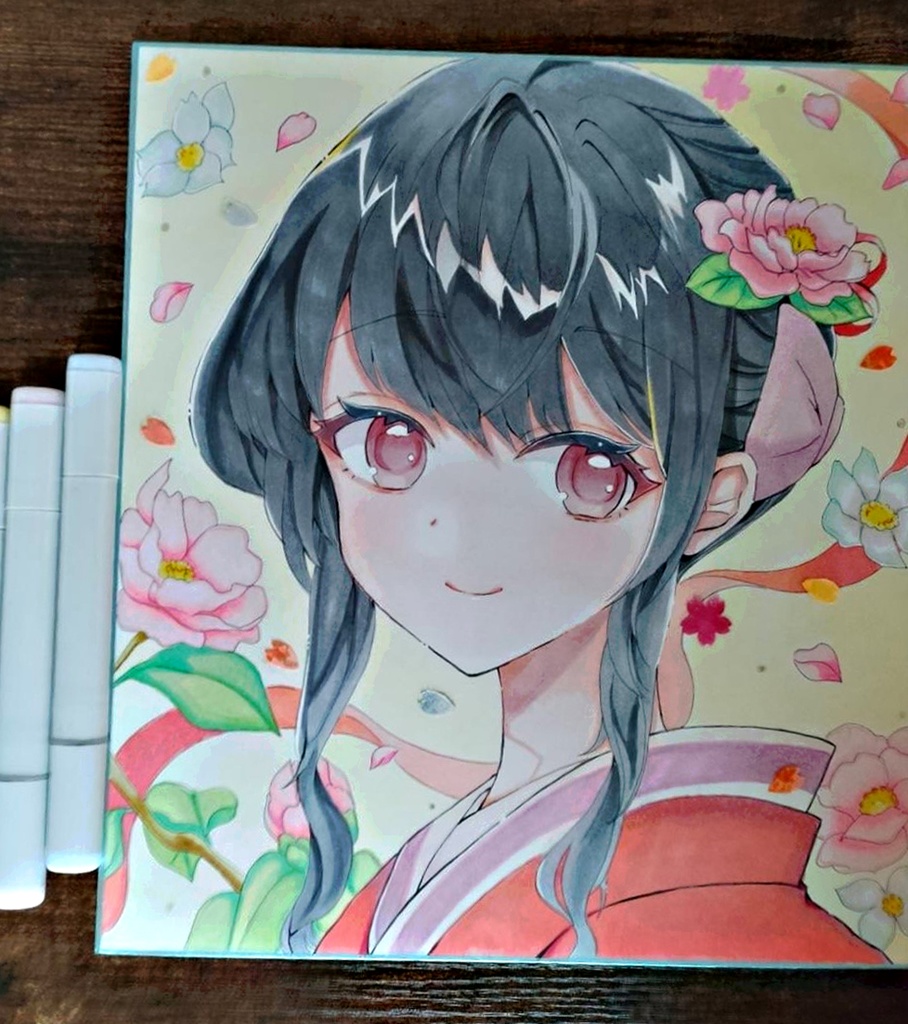 手描きアナログ色紙一点物/コピック手描き/初春着物のあの子/額装