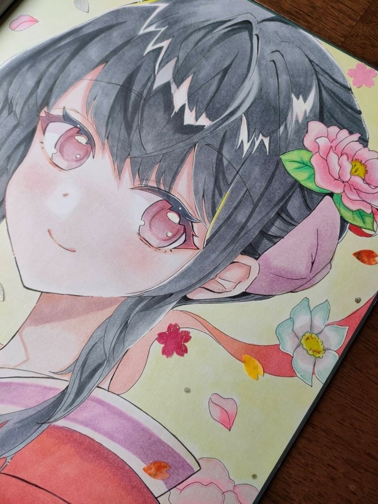 手描きアナログ色紙一点物/コピック手描き/初春着物のあの子/額装