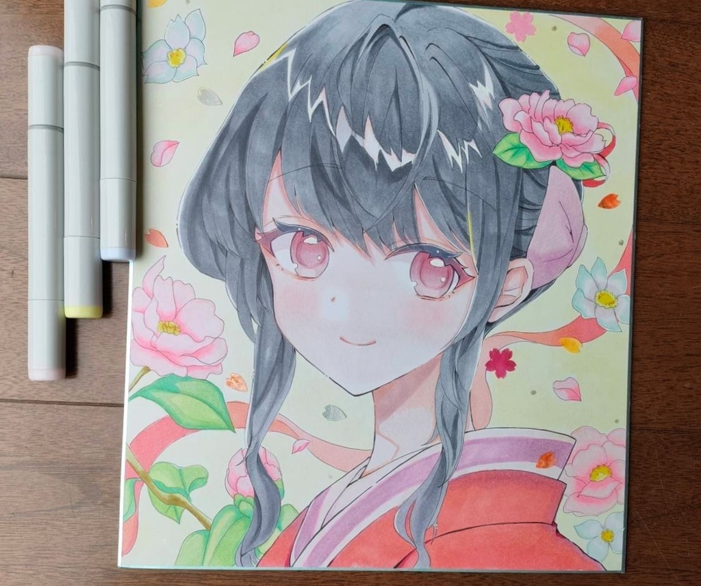 手描きアナログ色紙一点物/コピック手描き/初春着物のあの子/額装