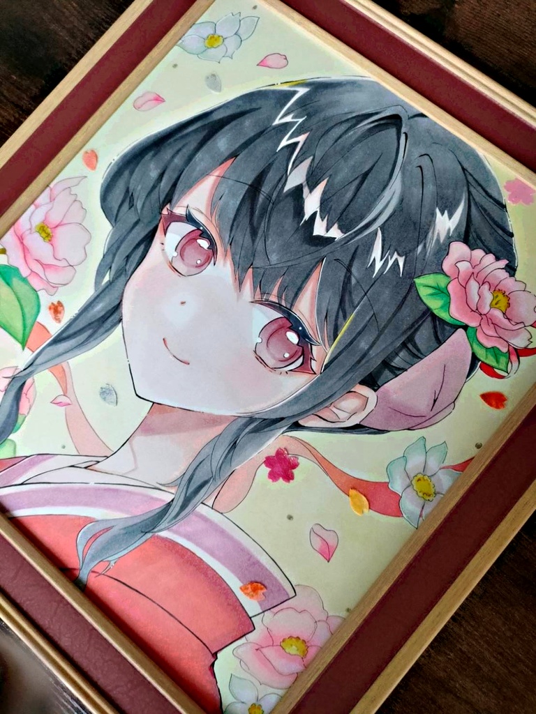 手描きアナログ色紙一点物/コピック手描き/初春着物のあの子/額装