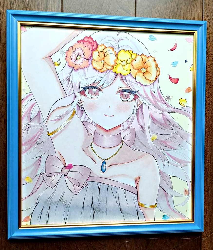 手描きアナログ色紙/一点物/春待ち花姫さん/アナログ大色紙