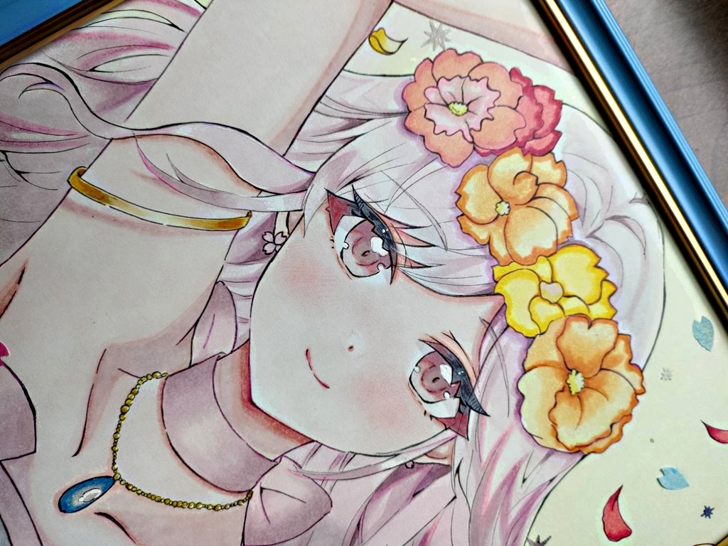 手描きアナログ色紙/一点物/春待ち花姫さん/アナログ大色紙