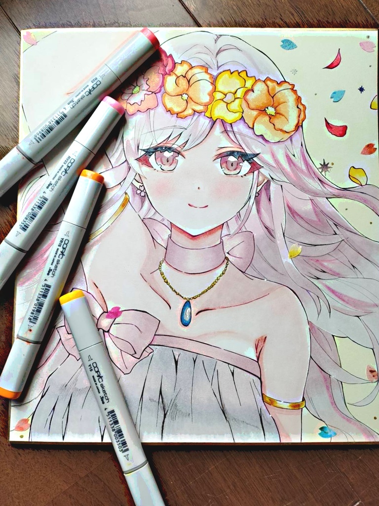 手描きアナログ色紙/一点物/春待ち花姫さん/アナログ大色紙