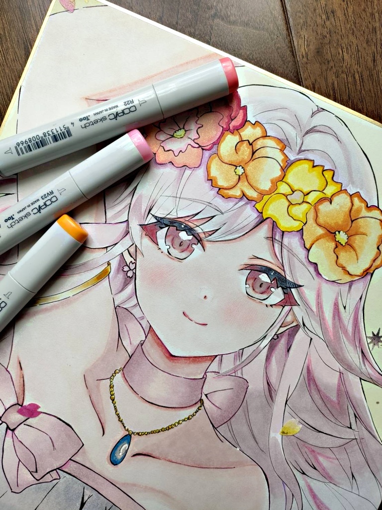 手描きアナログ色紙/一点物/春待ち花姫さん/アナログ大色紙