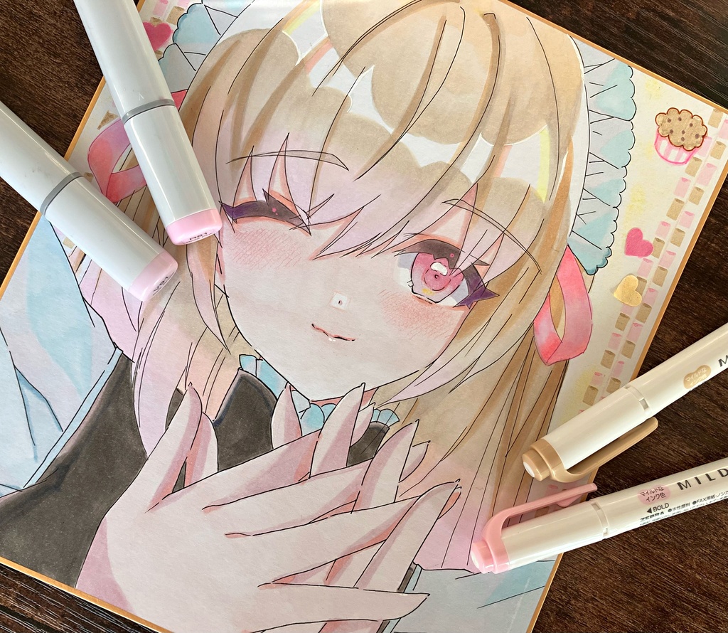 手描きアナログ色紙/中色紙/一点物/バレンタインデー/メイドさん