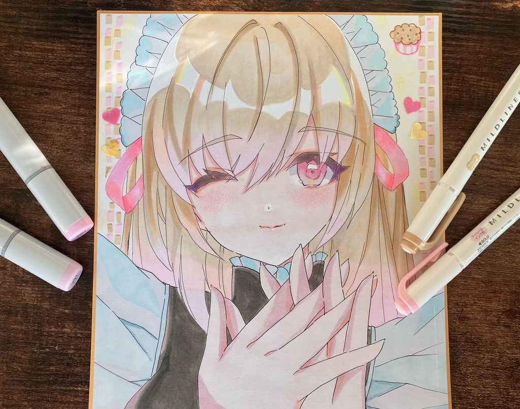 手描きアナログ色紙/中色紙/一点物/バレンタインデー/メイドさん