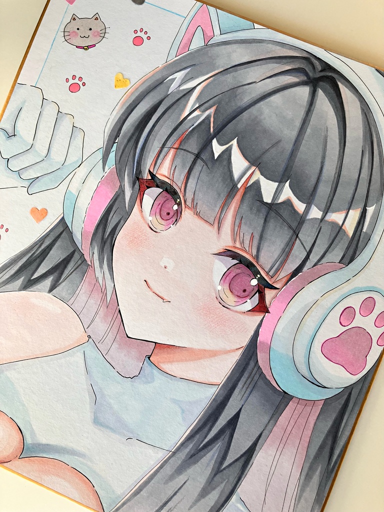 アナログ色紙/手描き色紙一点/ねこみみさん