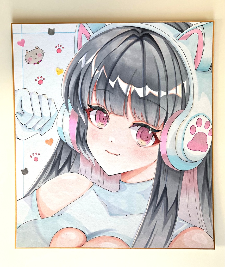 アナログ色紙/手描き色紙一点/ねこみみさん