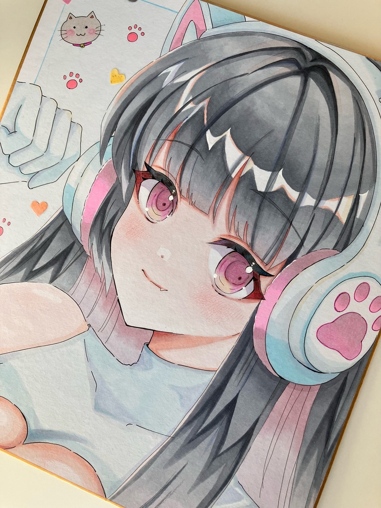 アナログ色紙/手描き色紙一点/ねこみみさん