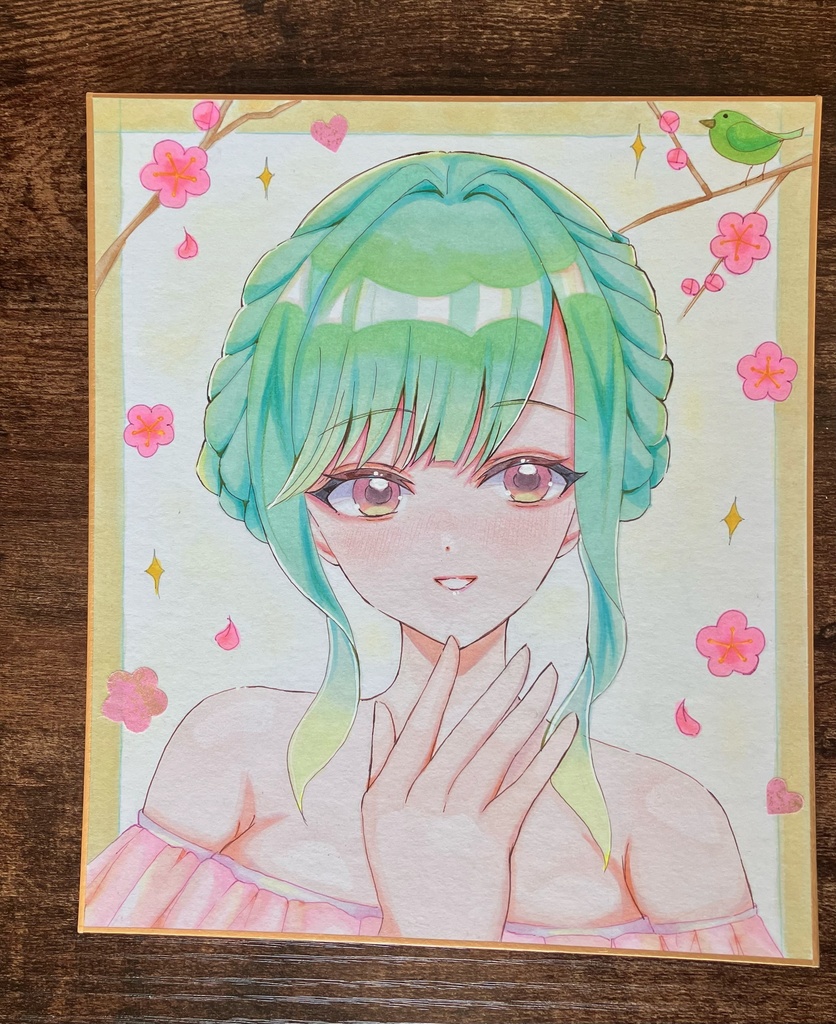 『梅とうぐいす』手描き色紙一点物/アナログ原画/コピック色紙