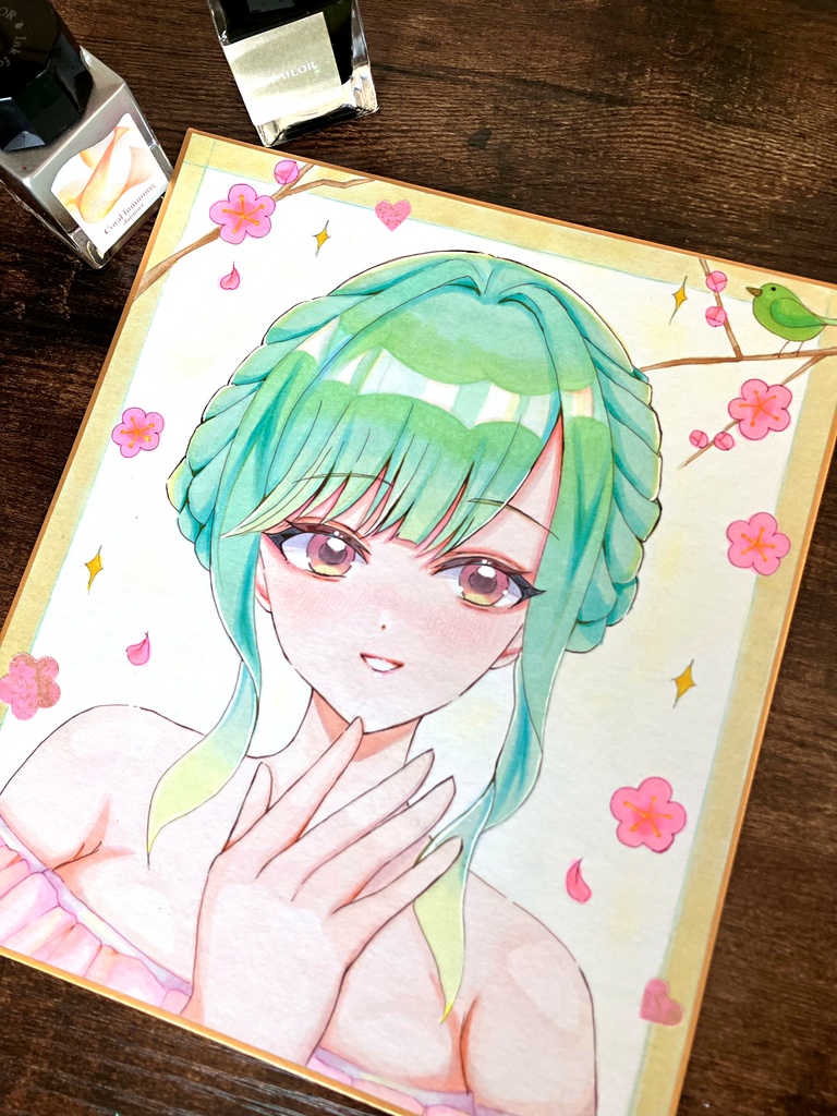 『梅とうぐいす』手描き色紙一点物/アナログ原画/コピック色紙