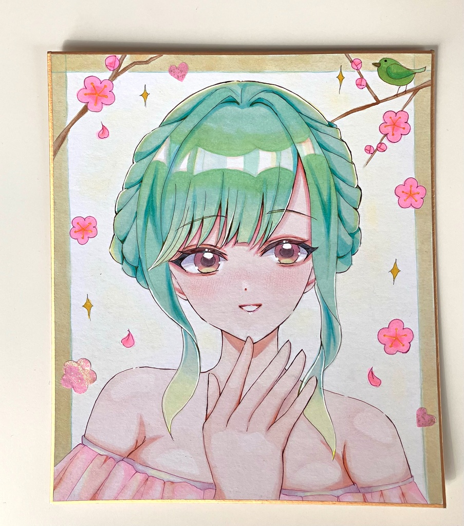 『梅とうぐいす』手描き色紙一点物/アナログ原画/コピック色紙