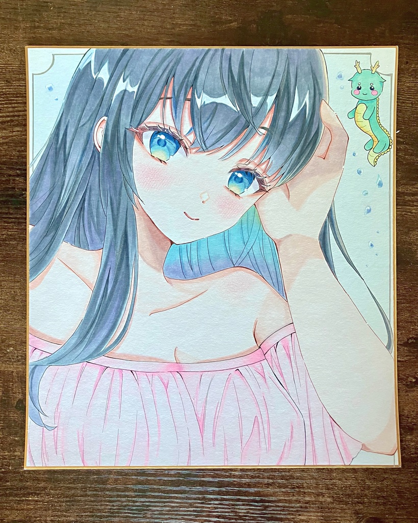 手描きアナログ色紙 水辺の女の子 手描き原画一点物 大色紙