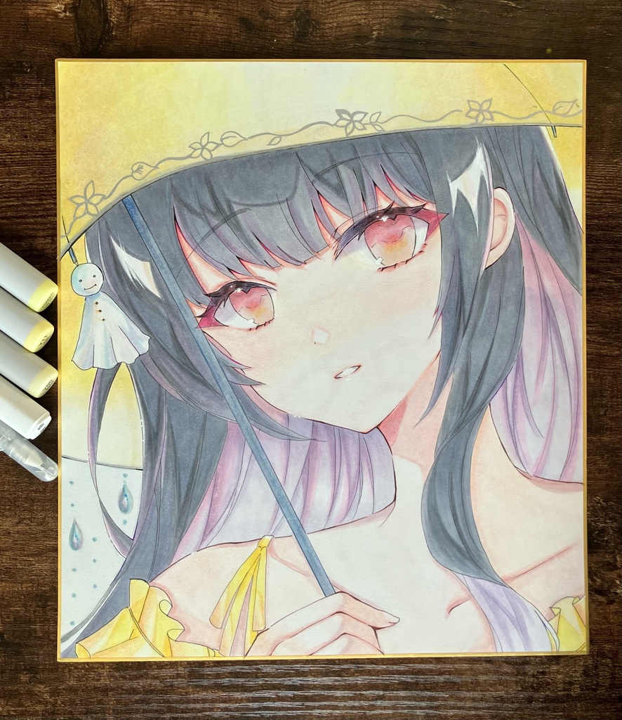 手描きアナログ色紙 傘のあの子 手描き原画一点物 大色紙