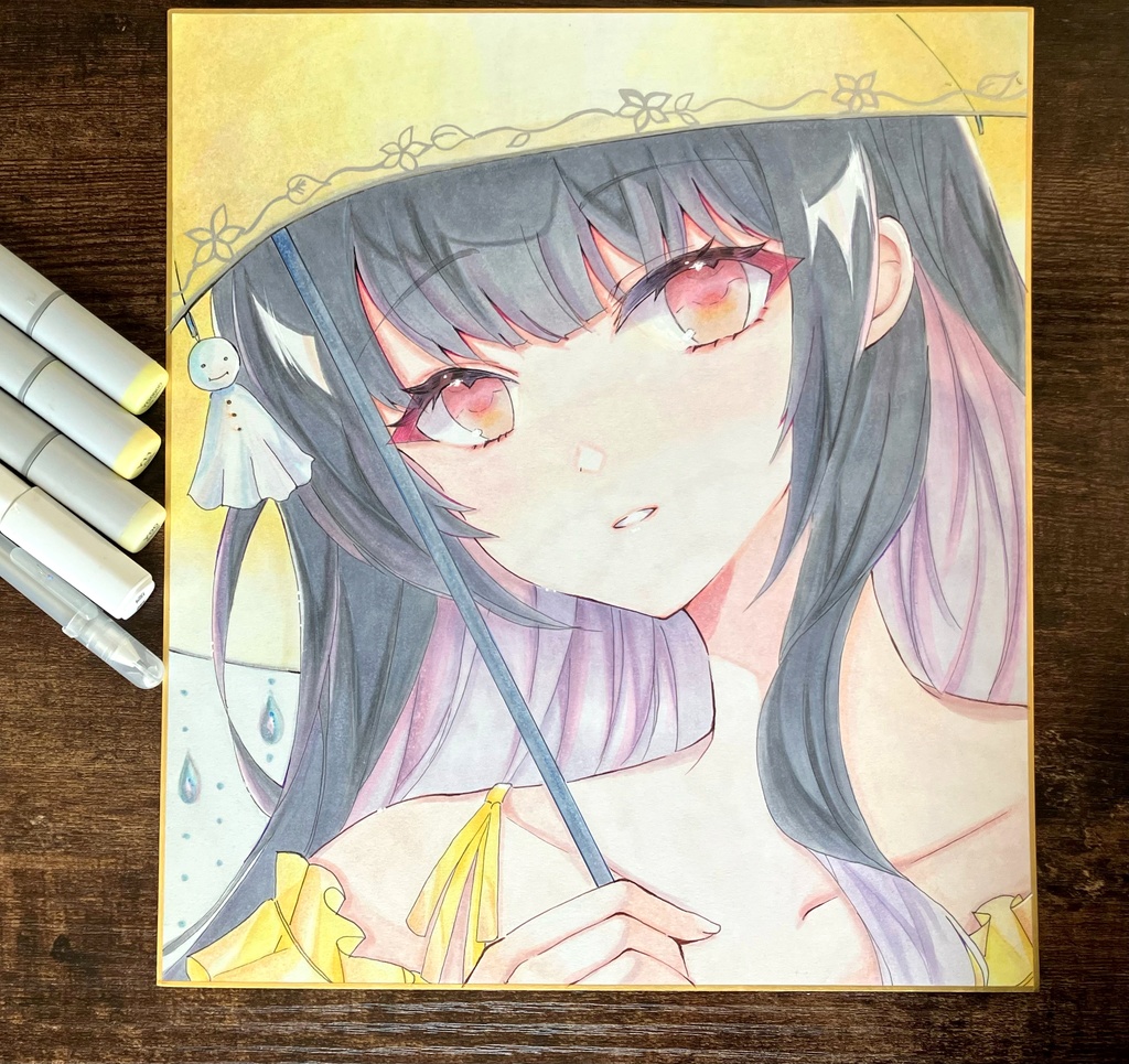 手描きアナログ色紙 傘のあの子 手描き原画一点物 大色紙