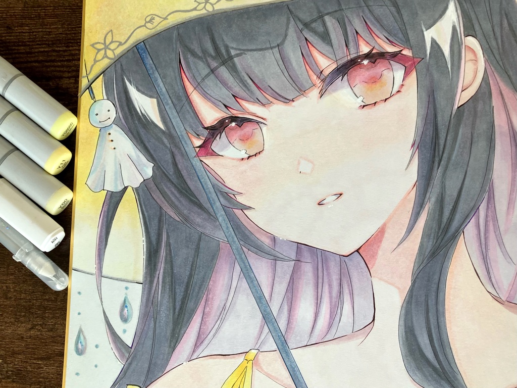 手描きアナログ色紙 傘のあの子 手描き原画一点物 大色紙