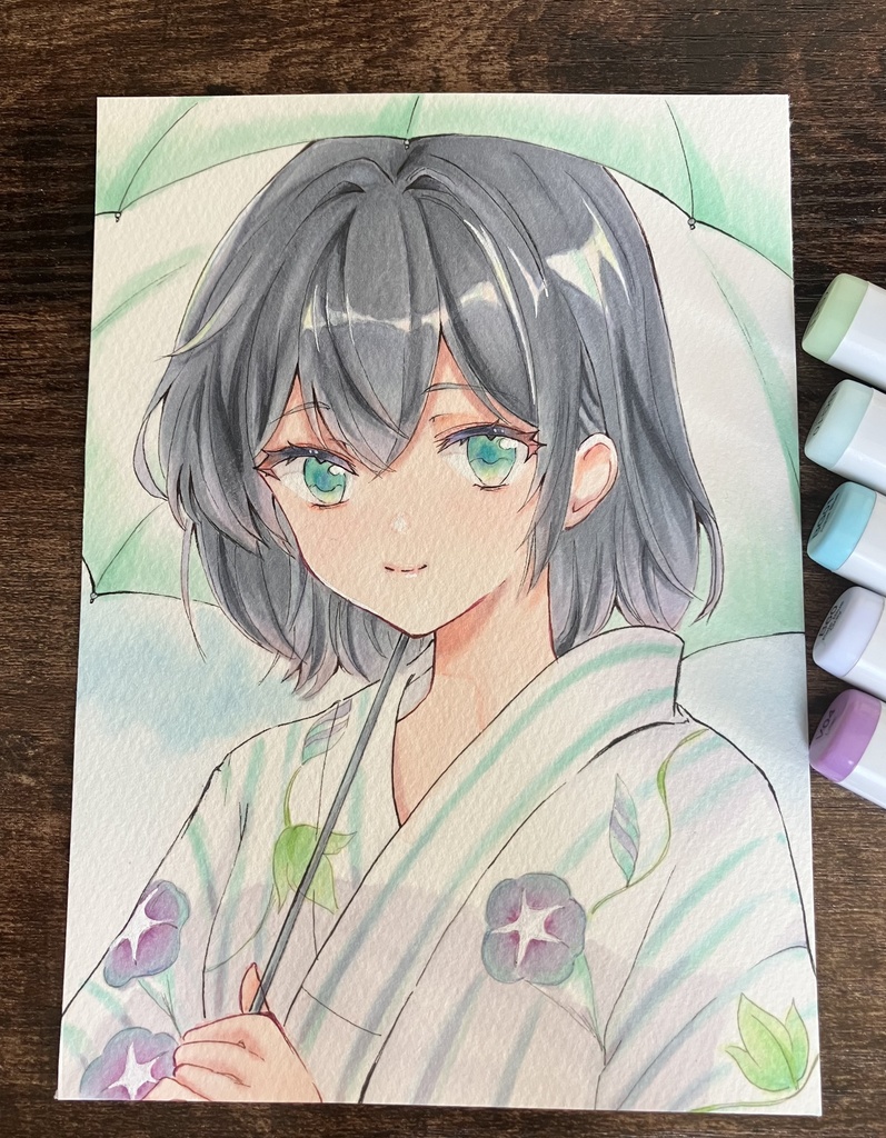 コピック原画/額装原画/浴衣と朝顔/原画販売