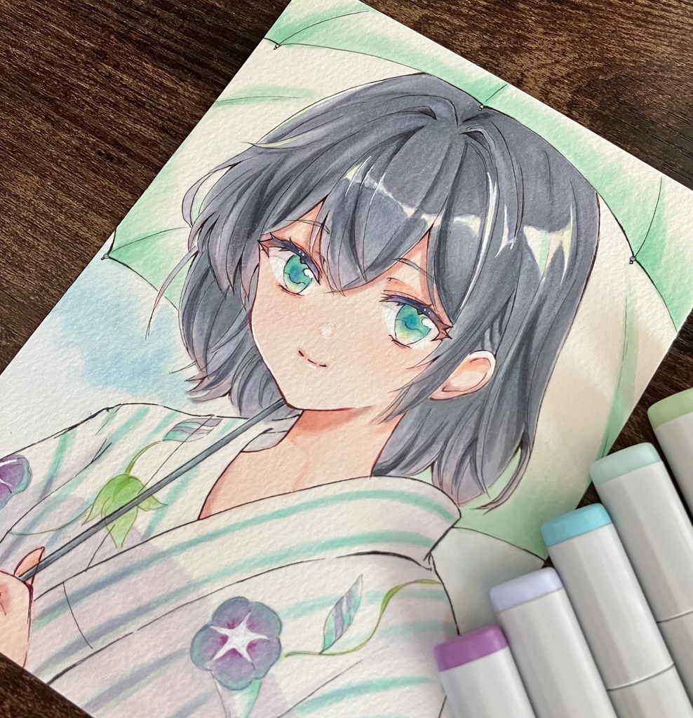 コピック原画/額装原画/浴衣と朝顔/原画販売