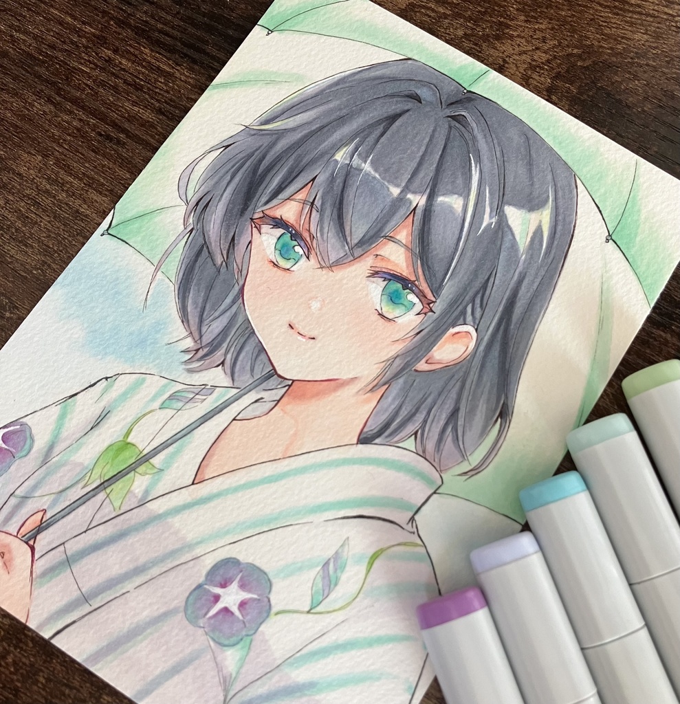 コピック原画/額装原画/浴衣と朝顔/原画販売