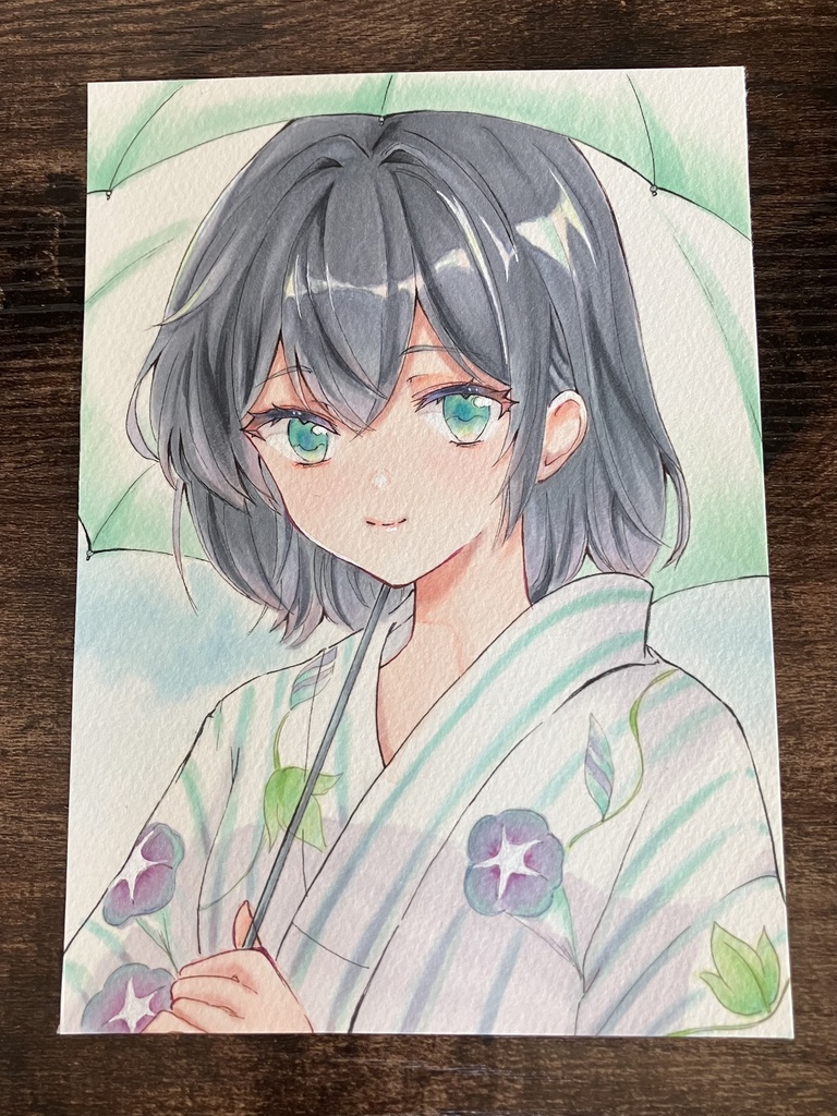 コピック原画/額装原画/浴衣と朝顔/原画販売