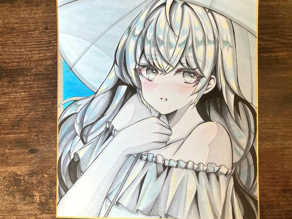 手描き色紙 日傘のあの子 色紙原画 コピック色紙