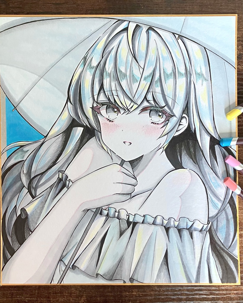 手描き色紙 日傘のあの子 色紙原画 コピック色紙