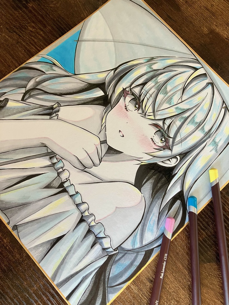 手描き色紙 日傘のあの子 色紙原画 コピック色紙