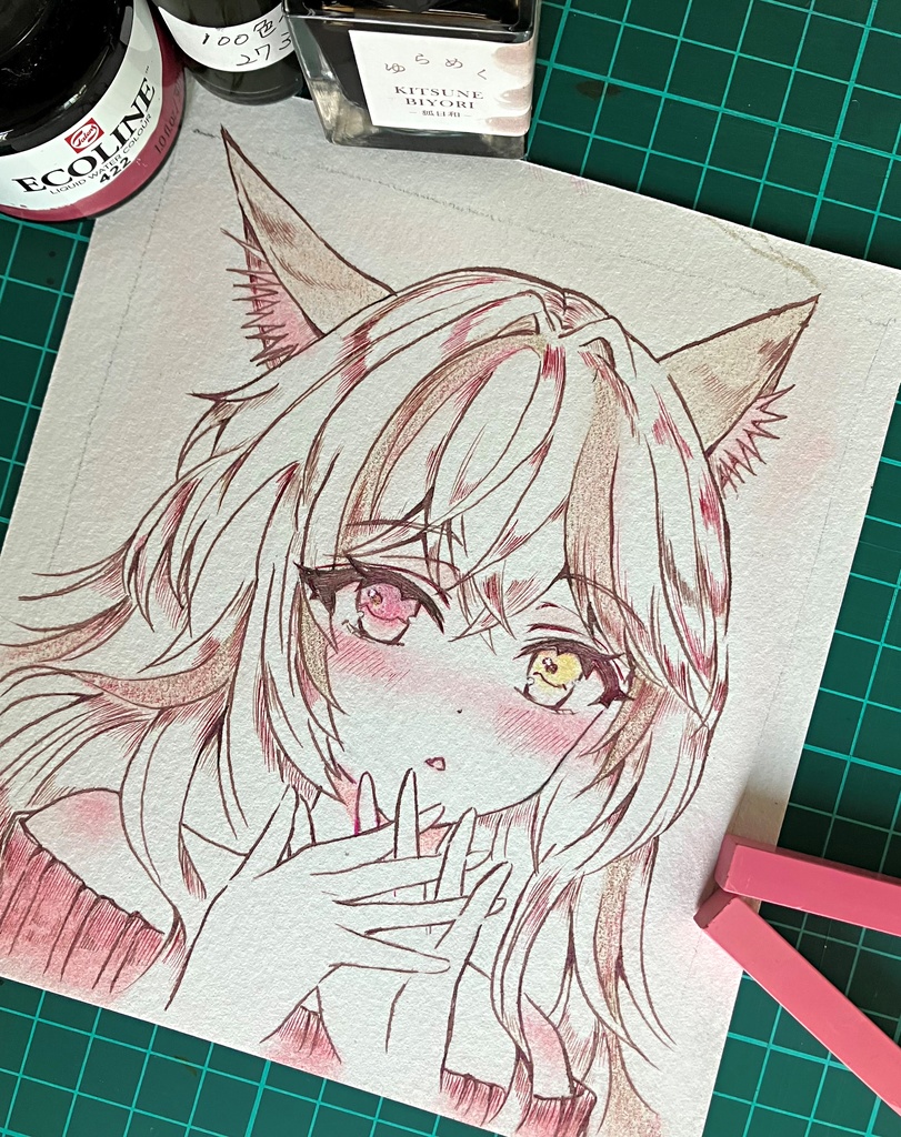 キツネ耳ちゃん 手描き原画 カラーインク原画