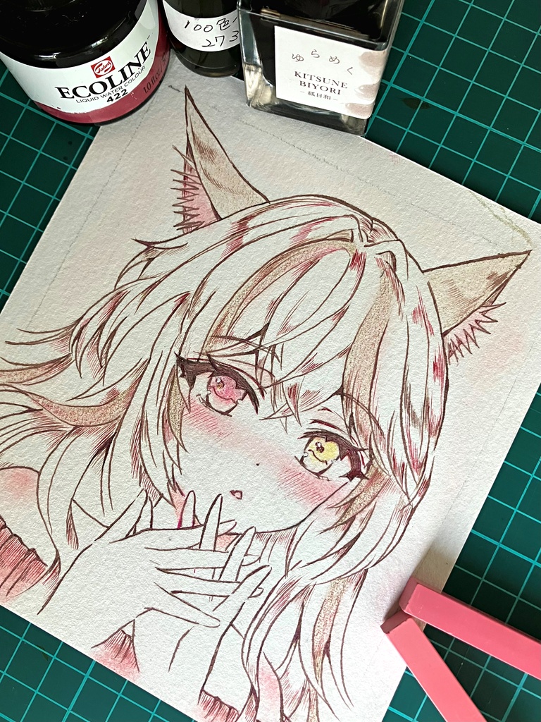キツネ耳ちゃん 手描き原画 カラーインク原画