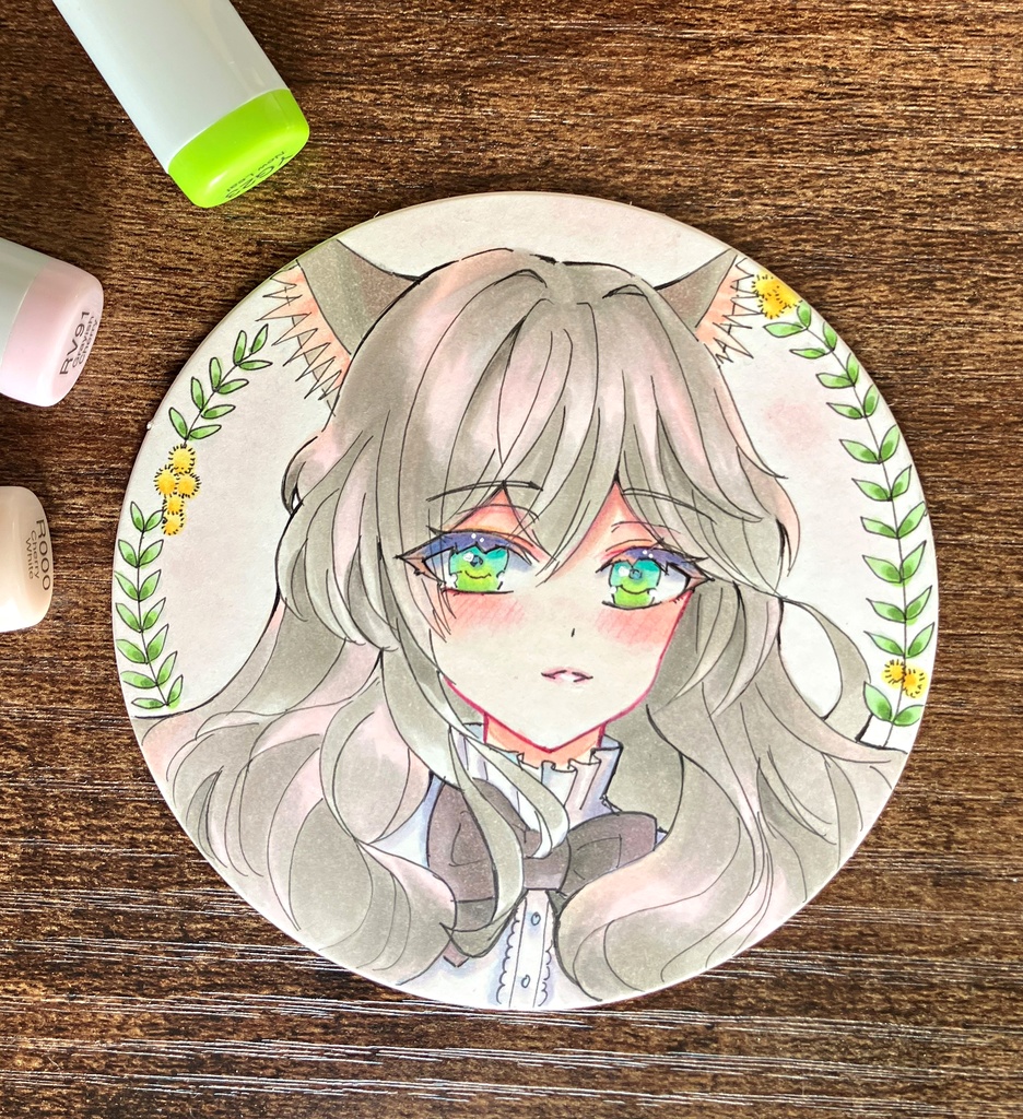 手描きコピックコースター　コピック原画　アナログねこちゃん