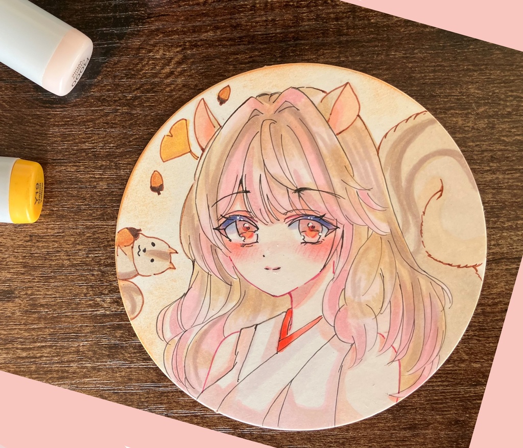 手描きコースターカード コピック手描き原画 りすちゃん