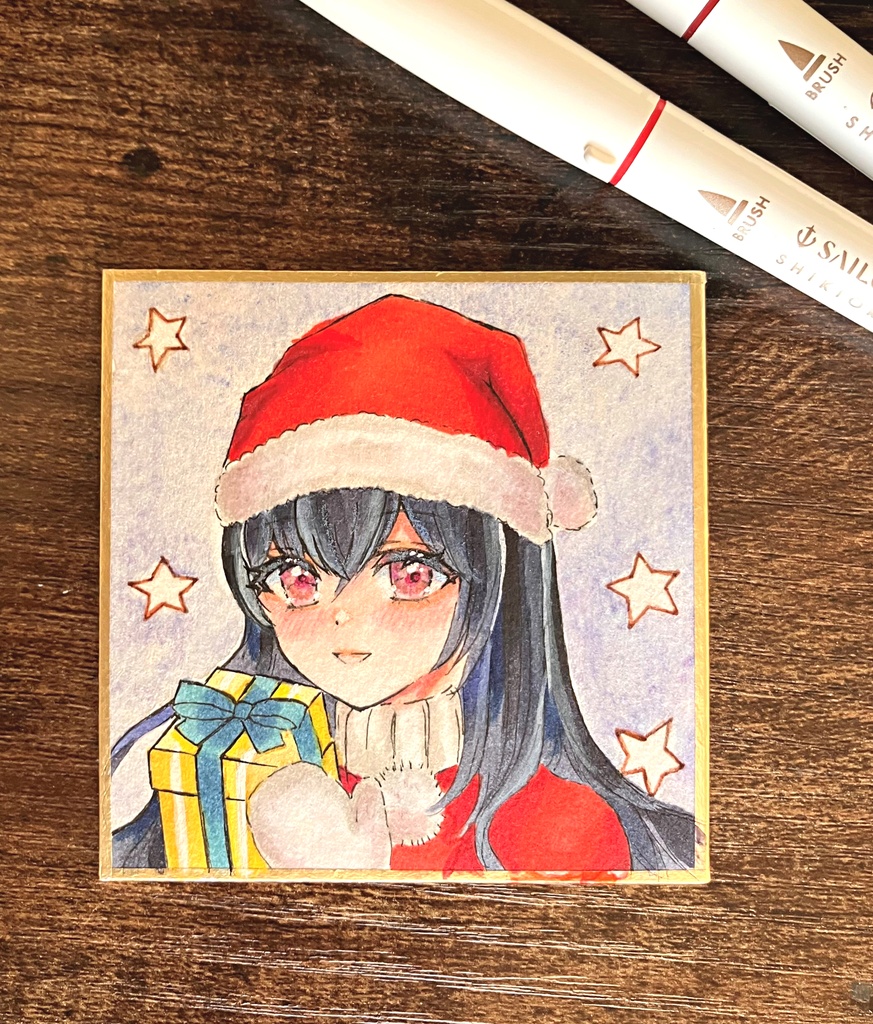 コピック色紙 手描きイラスト 豆色紙原画 サンタガール