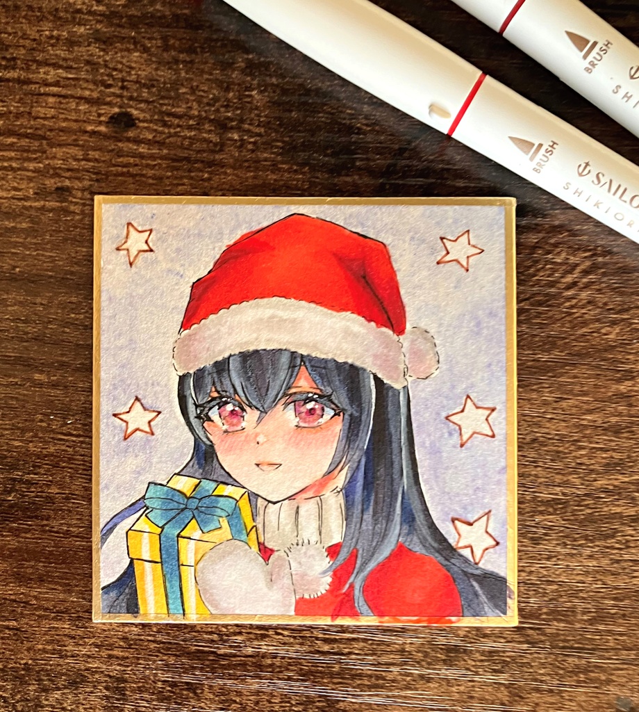 コピック色紙 手描きイラスト 豆色紙原画 サンタガール