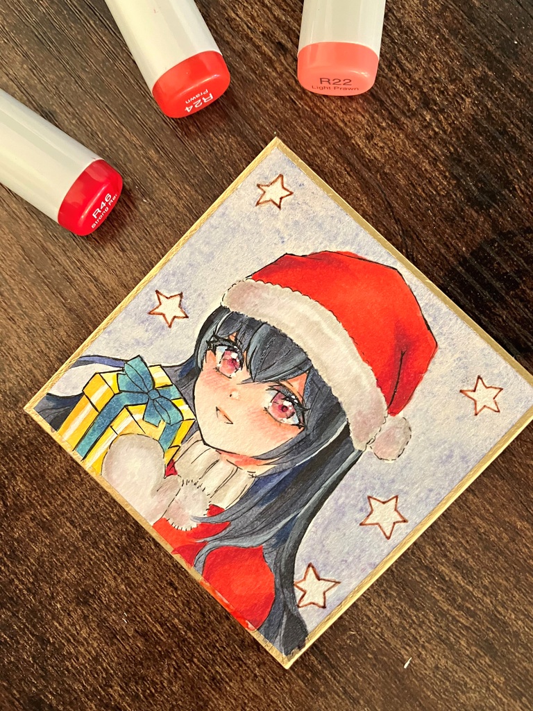 コピック色紙 手描きイラスト 豆色紙原画 サンタガール