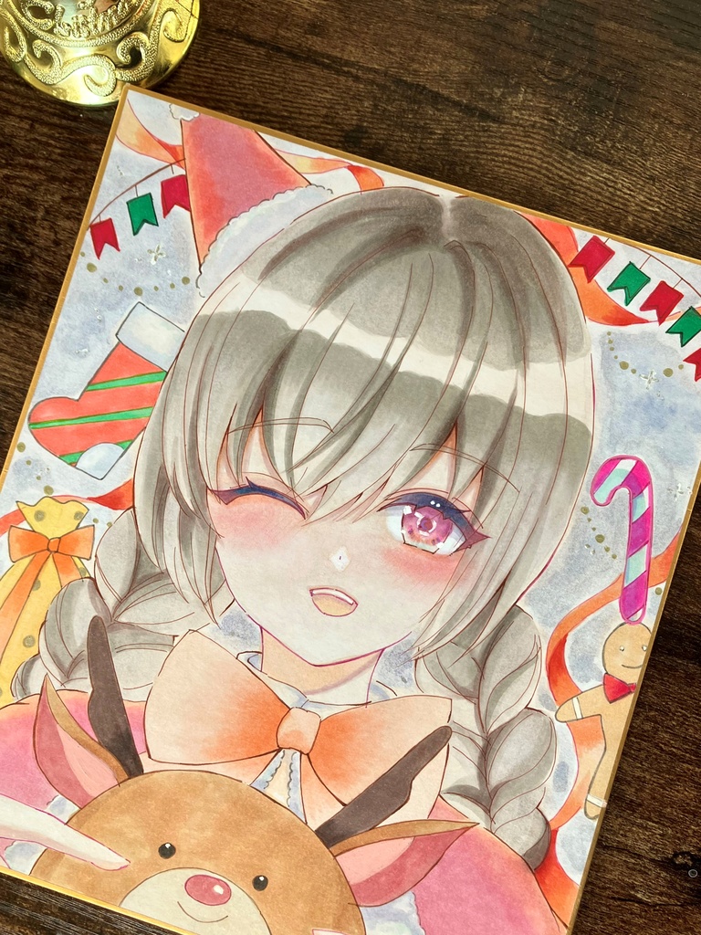 正面サンタちゃん 手描き色紙一点物 コピック色紙 アナログ色紙