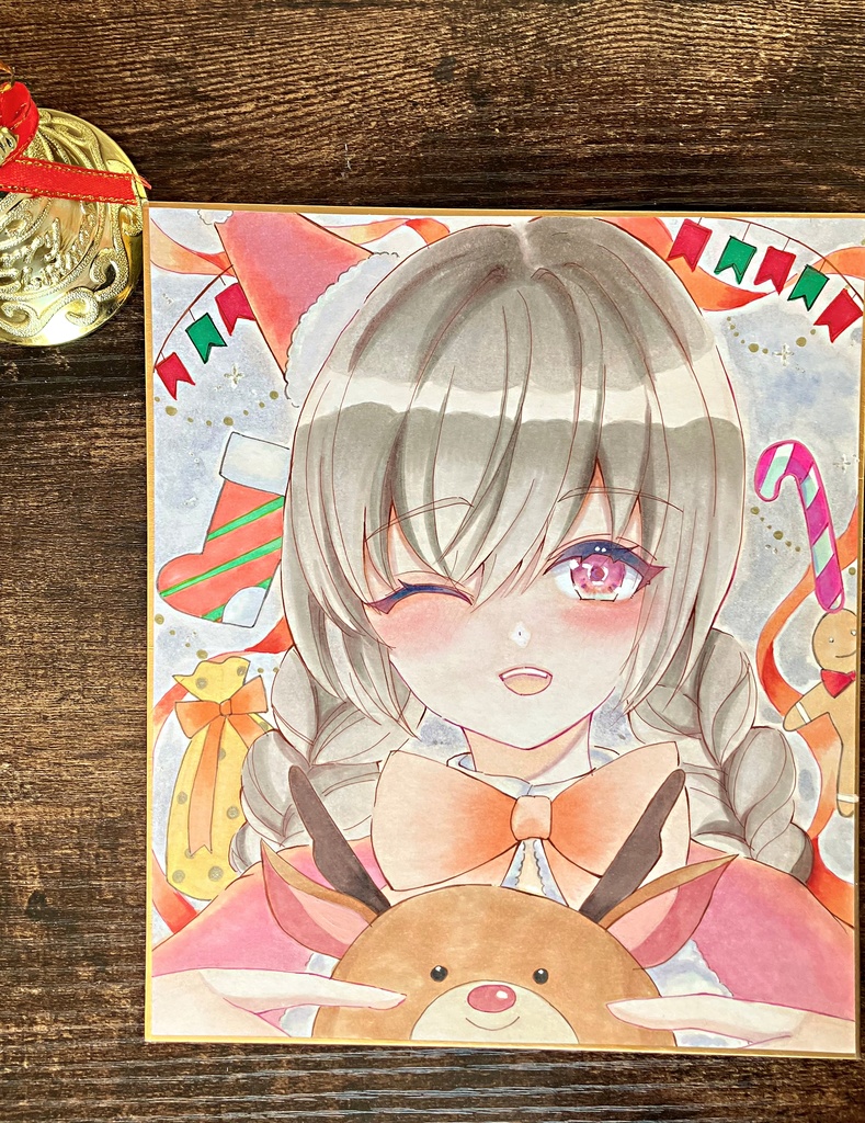 正面サンタちゃん 手描き色紙一点物 コピック色紙 アナログ色紙